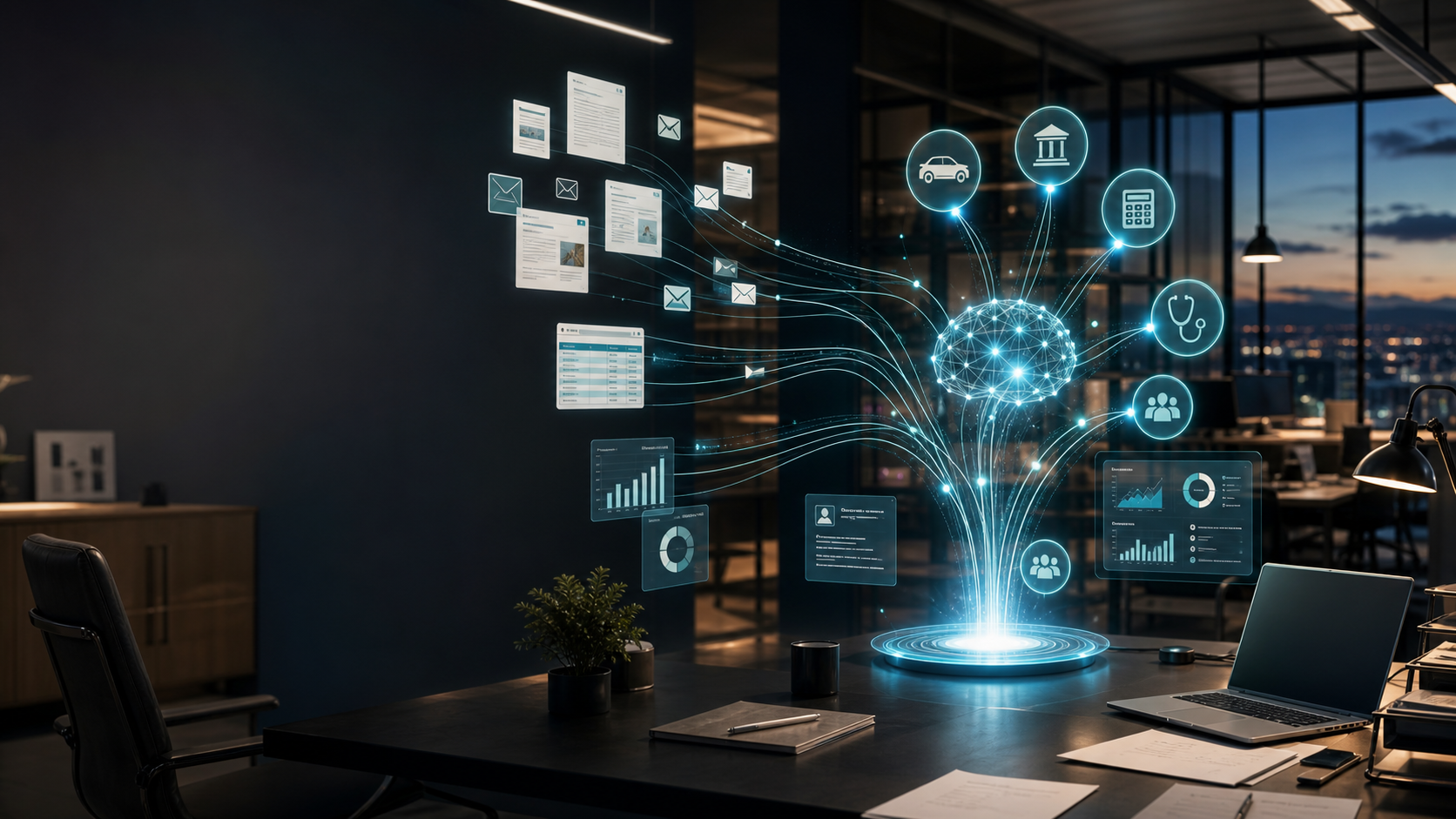Abstract AI interface organizing business documents, charts, and knowledge streams in a modern office.